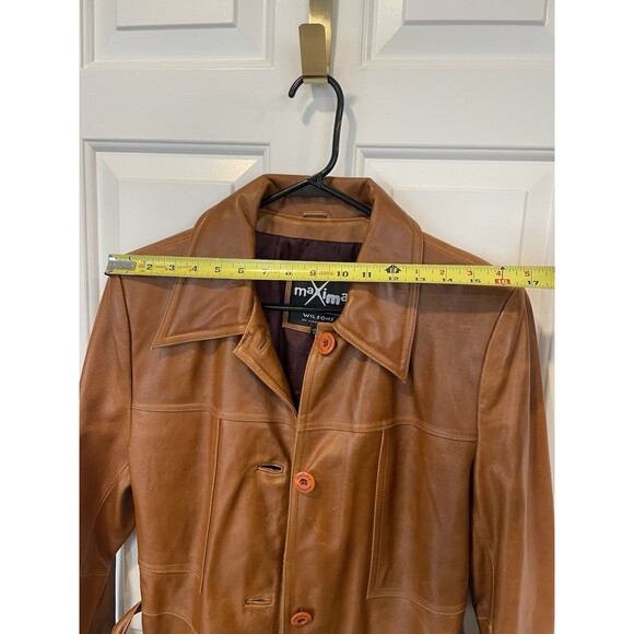 VTG Women Maxima Wilson Leather Camel Brown Button Full Length Trench Coat M - Picture 14 of 16